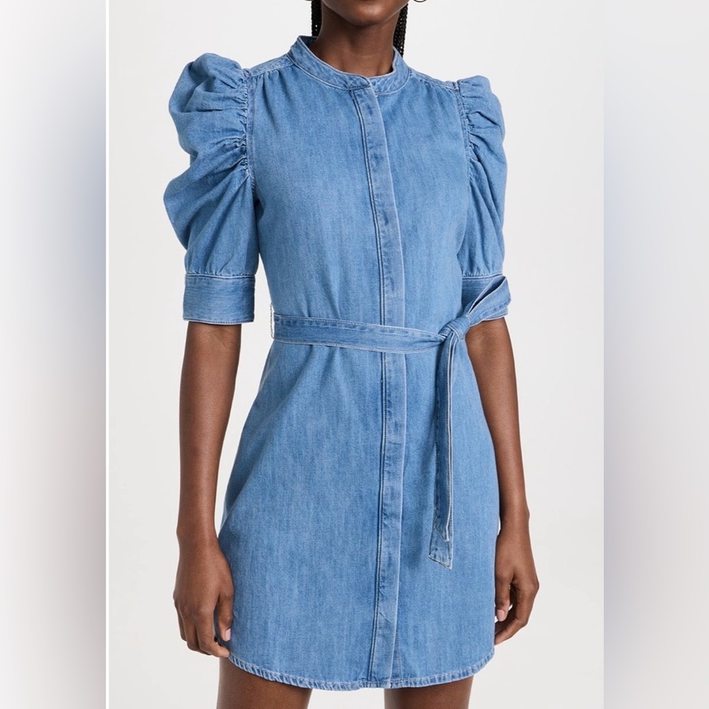 Frame Denim Sky Blue Denim Belted Midi Dress with Puff Sleeves